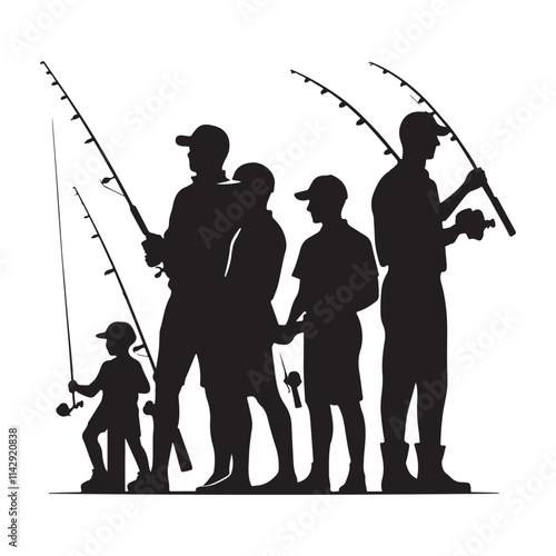 Set of silhouettes of fishing Two People Fishing in a Boat Fishman with bass and banner