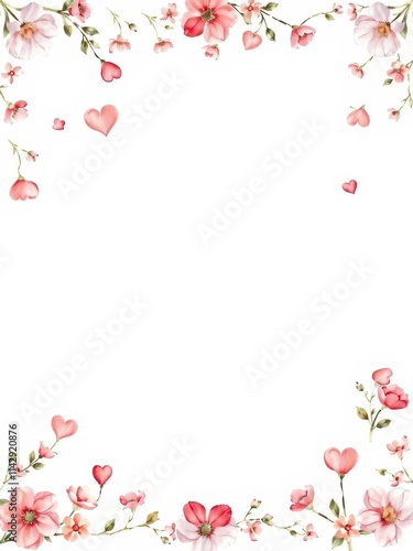 Delicate watercolor hearts and floral border design, perfect for Valentine's Day or anniversary cards, love, white, blossom