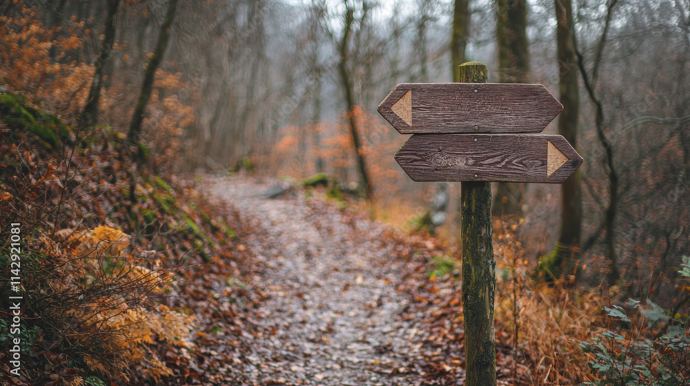 A rustic wooden signpost stands on a winding path through a tranquil forest, surrounded by autumn foliage and a serene atmosphere. A rustic wooden signpost stands on a winding path through a tranquil forest, surrounded by autumn foliage and a serene atmosphere.