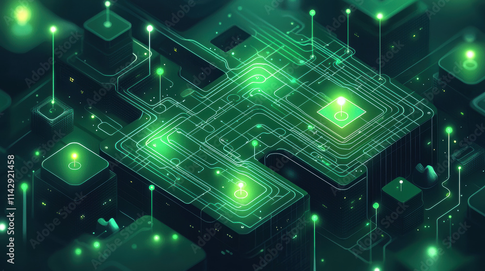 glowing isometric circuit board with neural pathways glowing isometric circuit board with neural pathways