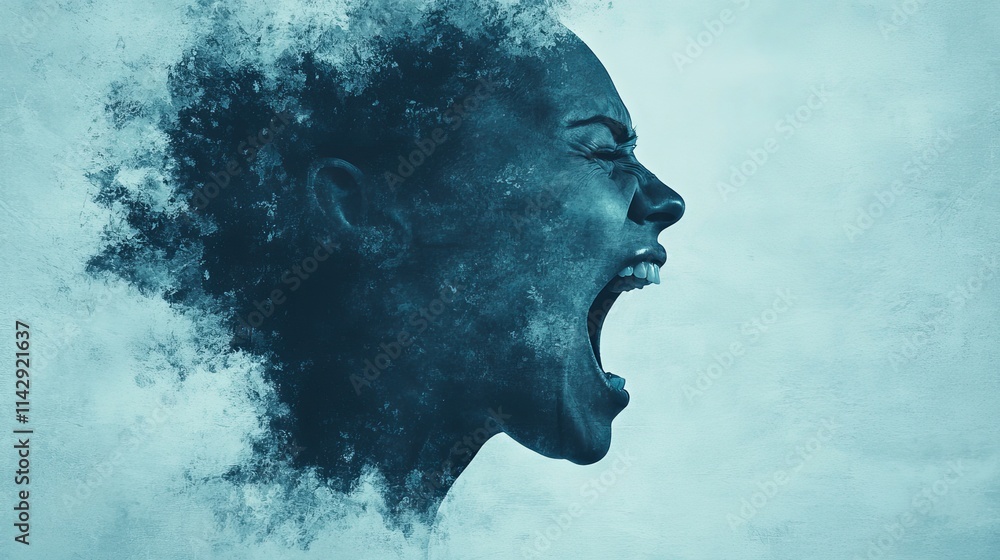 A powerful profile of a person screaming, with swirling textures resembling water or smoke, conveying intense emotion and raw energy. A powerful profile of a person screaming, with swirling textures resembling water or smoke, conveying intense emotion and raw energy.