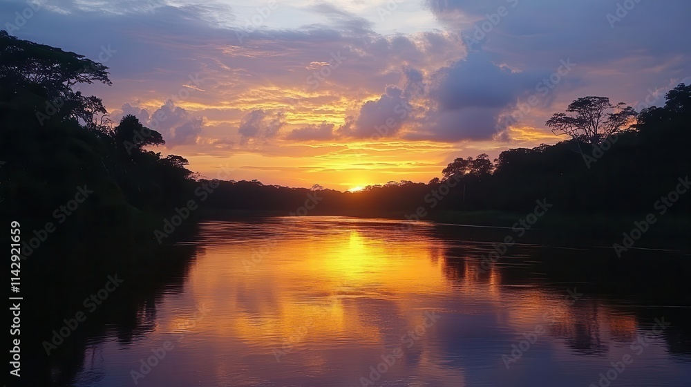 Obraz premium serene sunset over a tranquil river, reflecting vibrant hues of orange and purple in the water, framed by lush trees and soft clouds, creating a breathtaking natural landscape