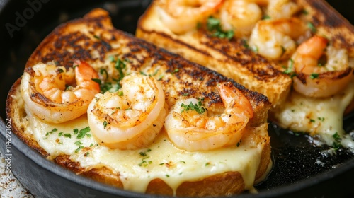 Deliciously Grilled Shrimp Topped on Creamy Cheesy Toast Served in a Cast Iron Skillet for a Perfect Appetizer Delight