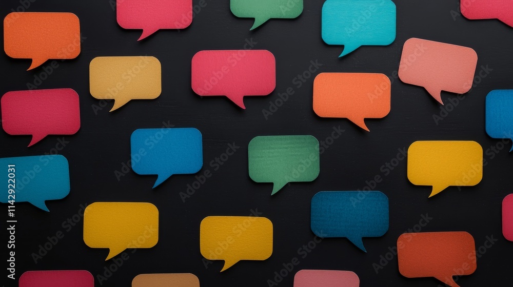 A colorful collage of speech bubbles on a dark background, symbolizing communication and conversation. A colorful collage of speech bubbles on a dark background, symbolizing communication and conversation.