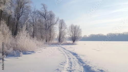 serene winter landscape with snow-covered trees and icy paths, under a pale blue sky, capturing the tranquility of frozen nature in a picturesque scene