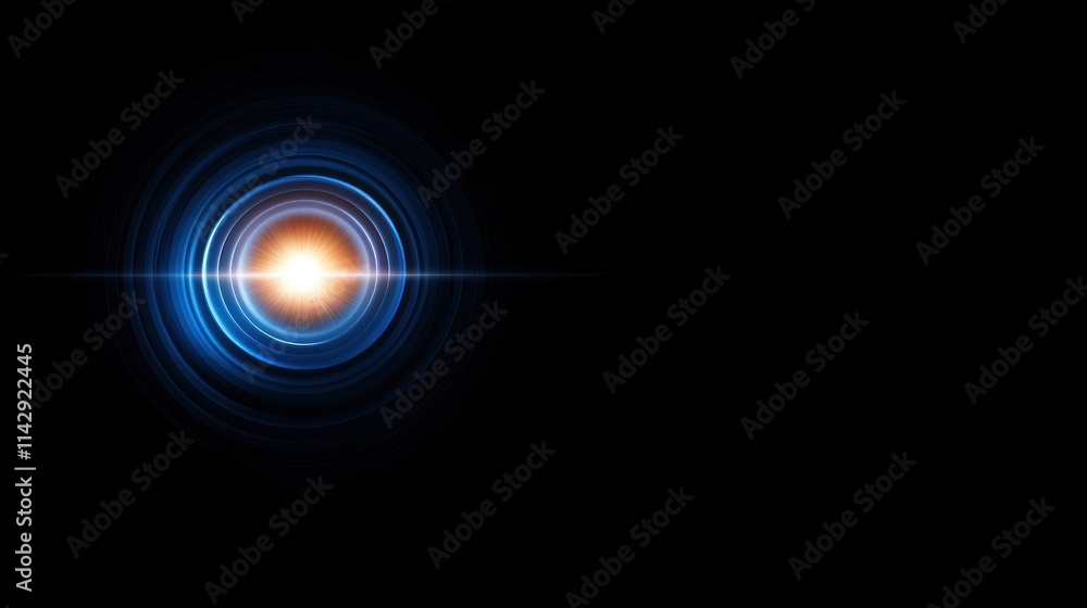 Radiant glowing circular light with blue and orange concentric rings on black background. Radiant glowing circular light with blue and orange concentric rings on black background.