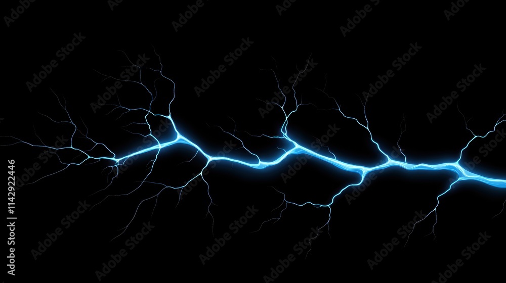 Electric blue lightning crack with glowing branches on black background. Energy and electricity concept Electric blue lightning crack with glowing branches on black background. Energy and electricity concept