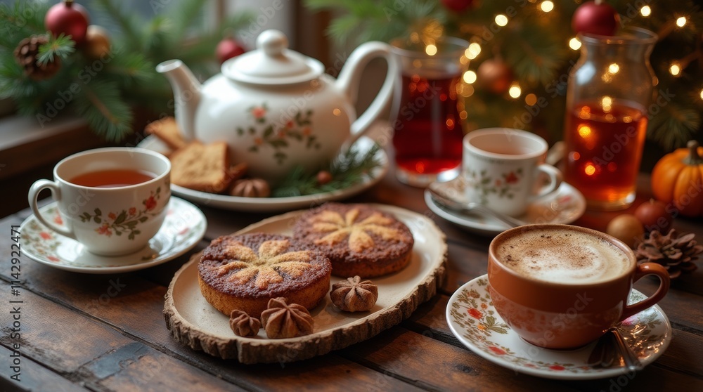 beautifully arranged table with an assortment of warm beverages, including tea, coffee, and mulled wine beautifully arranged table with an assortment of warm beverages, including tea, coffee, and mulled wine
