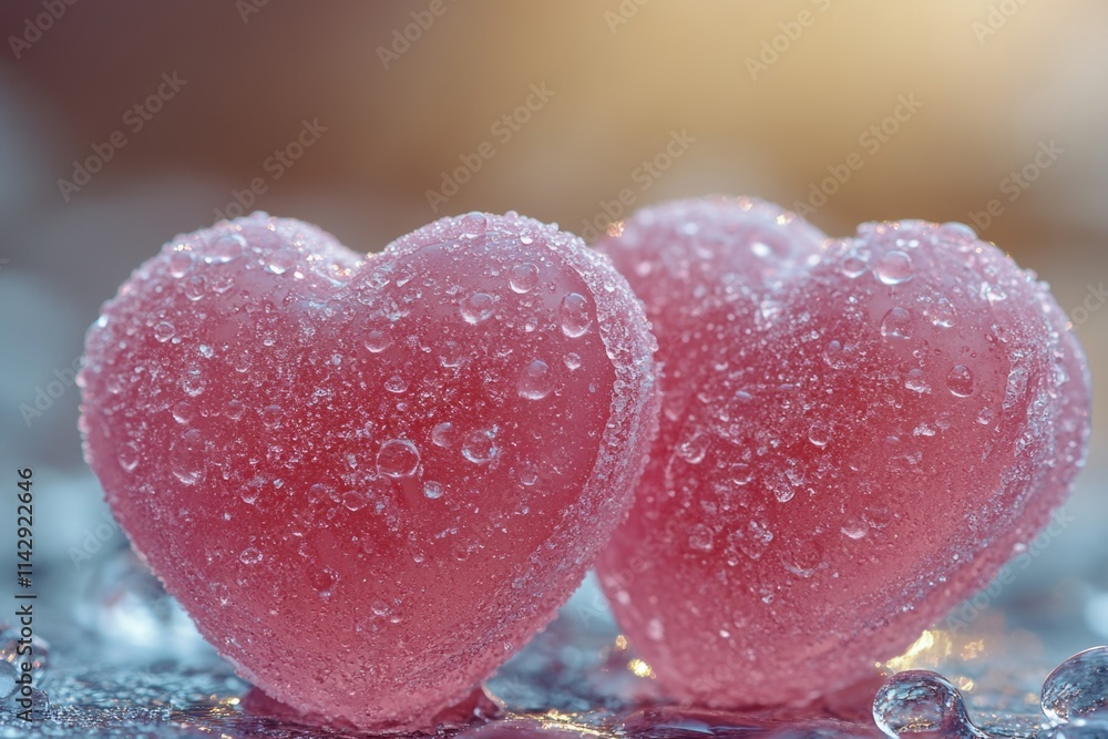 Two pink heart-shaped candies sit on top of a block of ice, perfect for Valentine's Day or romantic gifts Two pink heart-shaped candies sit on top of a block of ice, perfect for Valentine's Day or romantic gifts