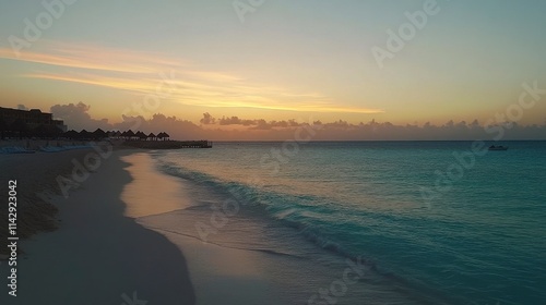 Serene Beach Sunset Over Calm Ocean Waves with Soft Clouds and Tranquil Atmosphere, Ideal for Relaxation and Vacation Imagery