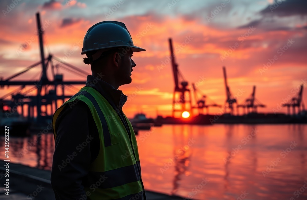 Engineer observes sunset at busy port. Silhouette of worker in safety vest stands at dock. Ships, cranes visible in background. Sunset sky vibrant orange, pink. Maritime industry scene. Worker at Engineer observes sunset at busy port. Silhouette of worker in safety vest stands at dock. Ships, cranes visible in background. Sunset sky vibrant orange, pink. Maritime industry scene. Worker at