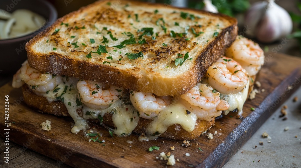 Delicious Shrimp and Cheese Sandwich on Toast with Fresh Herbs and Garlic, Perfectly Grilled to Golden Brown, Ideal for Culinary Photography and Recipes Delicious Shrimp and Cheese Sandwich on Toast with Fresh Herbs and Garlic, Perfectly Grilled to Golden Brown, Ideal for Culinary Photography and Recipes