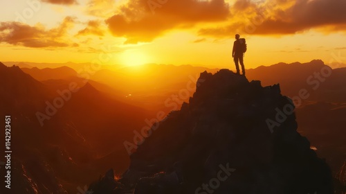 silhouetted figure atop a majestic mountain, basking in the warm hues of a breathtaking sunset. inspirational, peaceful, and adventurous scene