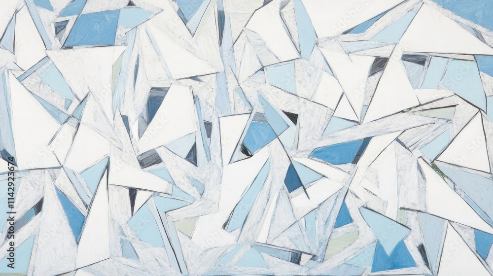 Fototapeta premium Intricate, geometric shards of frosted ice and crystal in pale blue, white, and silver tones, resembling jagged frozen formations with sharp edges, abstract frost patterns, and crystalline texture