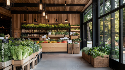 Fresh organic vegetables displayed inside a modern market with wooden decor and large windows