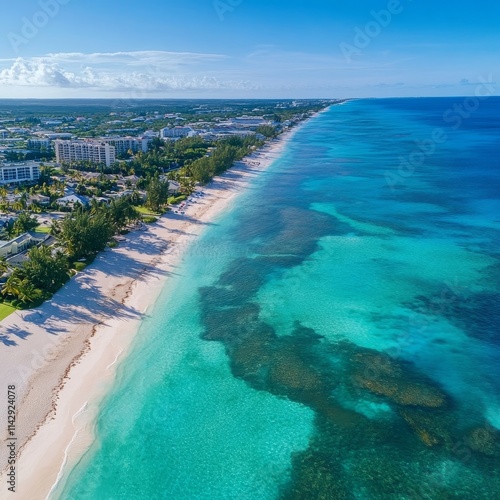 Drone shot of Seven Mile Beach, West Bay, and George Town in Grand Cayman.