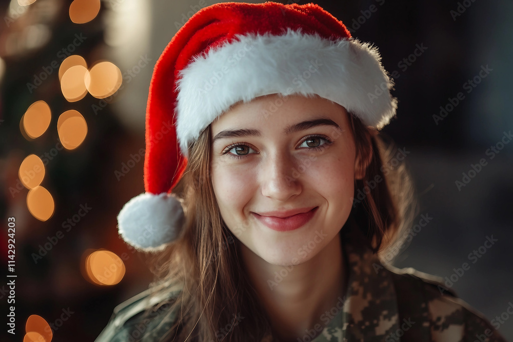 Generative AI image of military man or woman in Santa hat during holiday celebration family, perfect for festive homecoming themes Generative AI image of military man or woman in Santa hat during holiday celebration family, perfect for festive homecoming themes
