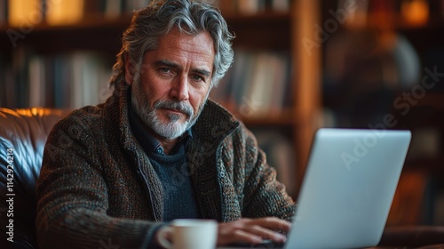 Middle-aged man working on a laptop at home in a cozy setting