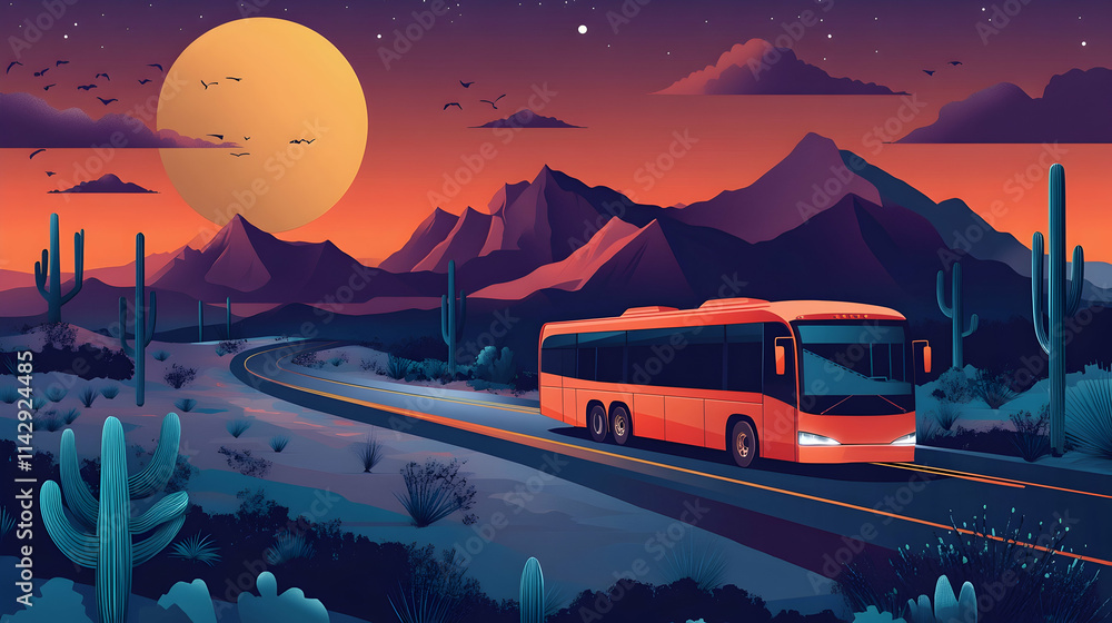 A travel poster of the road, an orange bus driving on a desert highway with cacti and mountains in the background, a full moon, pastel colors - A travel poster of the road, an orange bus driving on a desert highway with cacti and mountains in the background, a full moon, pastel colors -