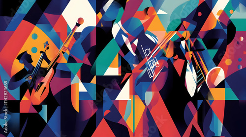 2. A spirited and animated representation of a jazz big band, formed exclusively from geometric shapes.