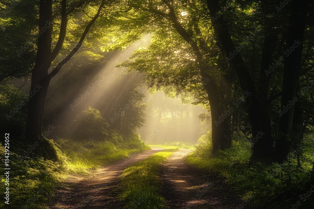 Fototapeta premium A warm and peaceful scene of sunlight shining through the trees in a dense forest, perfect for use as a background or to add a sense of tranquility to your project