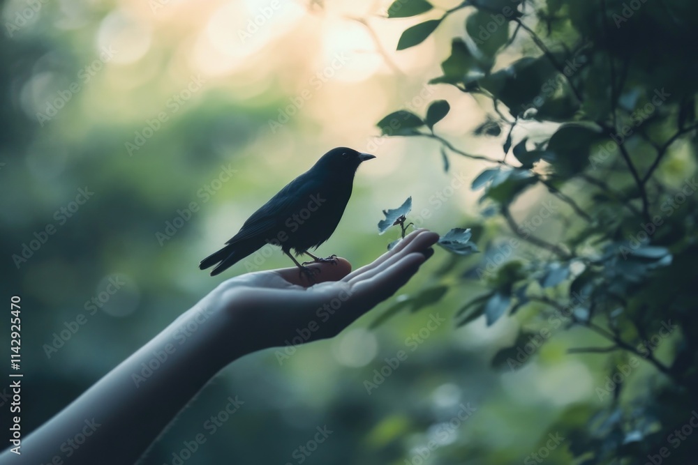 Fototapeta premium A small black bird rests on the palm of an adult's hand, potentially in a moment of interaction or observation