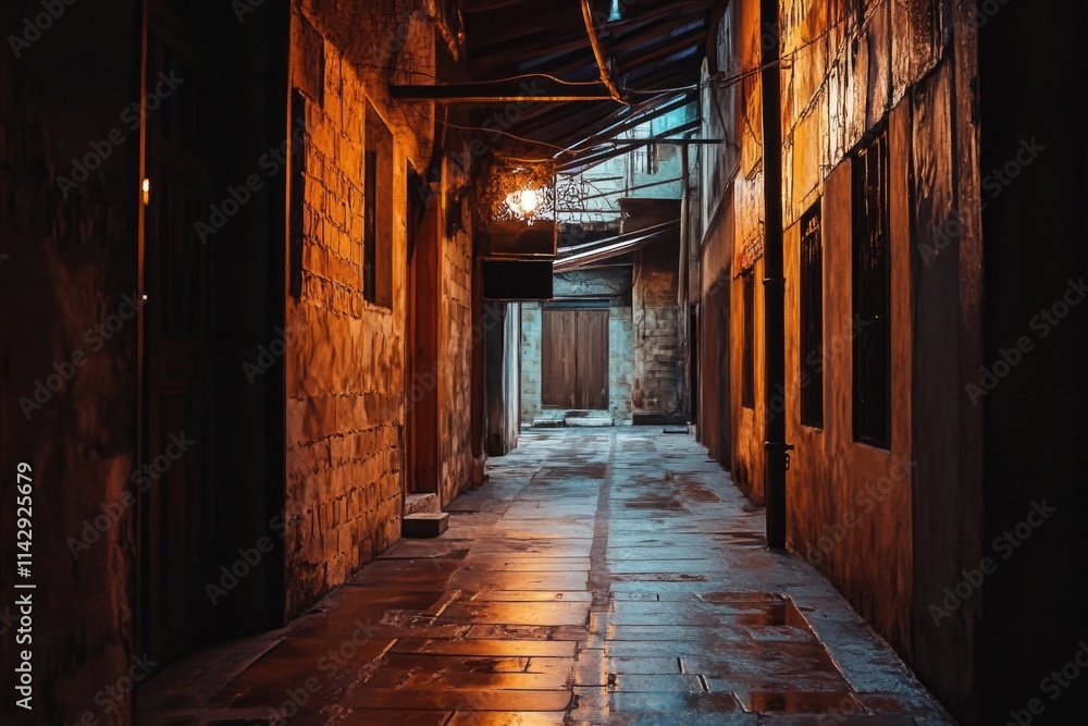 A dimly lit alleyway with a single lamp casting warm light A dimly lit alleyway with a single lamp casting warm light