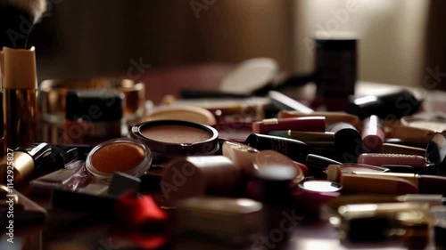 The camera moves sideways, focusing on the women's cosmetics scattered on the table