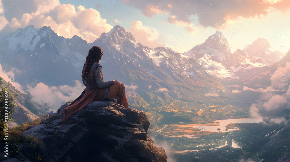 A woman sits on a rock overlooking a beautiful mountain range - A woman sits on a rock overlooking a beautiful mountain range -