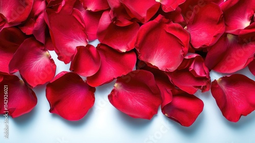 A close-up view of a bouquet of red rose petals scattered across a white background