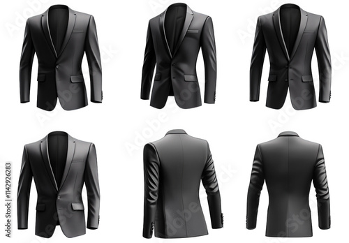 a black suit jacket mockup in six different views front. back. and side the suit jacket is a classic design with a single button closure photo