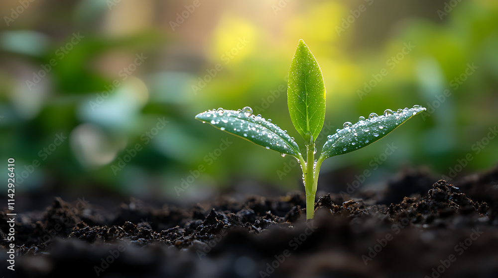 New Life Emerging: A close-up shot of a vibrant green sprout pushing through rich soil, sparkling with dew drops. Capturing the essence of new beginnings, growth, and resilience. New Life Emerging: A close-up shot of a vibrant green sprout pushing through rich soil, sparkling with dew drops. Capturing the essence of new beginnings, growth, and resilience.
