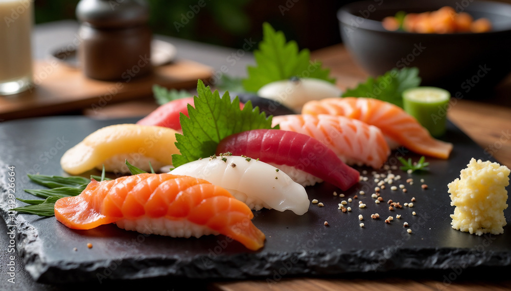 Assorted sushi platter with fresh fish, wasabi, and garnishes on a black slate board Assorted sushi platter with fresh fish, wasabi, and garnishes on a black slate board