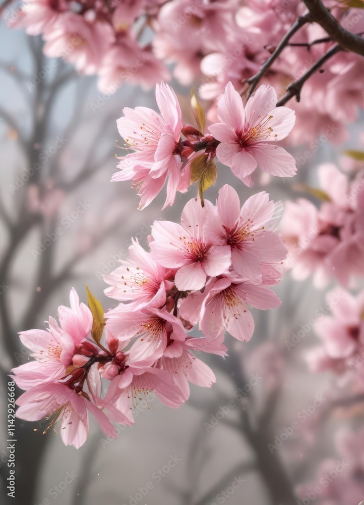 Soft pink sakura petals gently descend against a blurred background , petal, Japanese background Soft pink sakura petals gently descend against a blurred background , petal, Japanese background