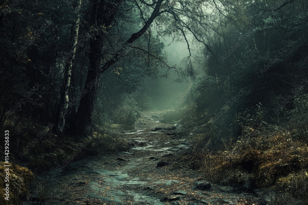 Obraz premium A dirt road winding through a dense forest