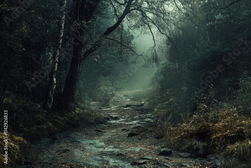 A dirt road winding through a dense forest