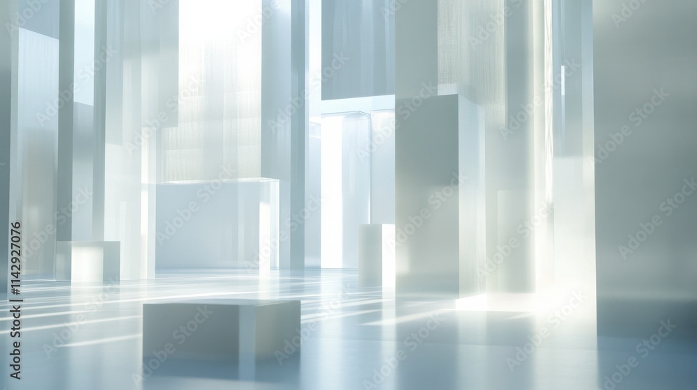 Obraz premium Ethereal Abstract Environment with Transparent Geometric Shapes and Soft Light Creating a Dreamlike Atmosphere in a Minimalistic Interior Design Setting