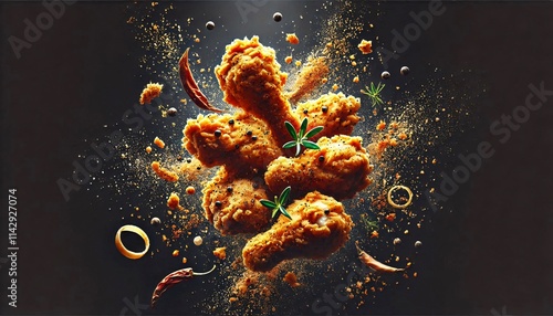 Crispy fried chicken pieces floating in the air, golden brown and tantalizing. Fried chicken pieces mid-air with crumbs and spices flying around. photo