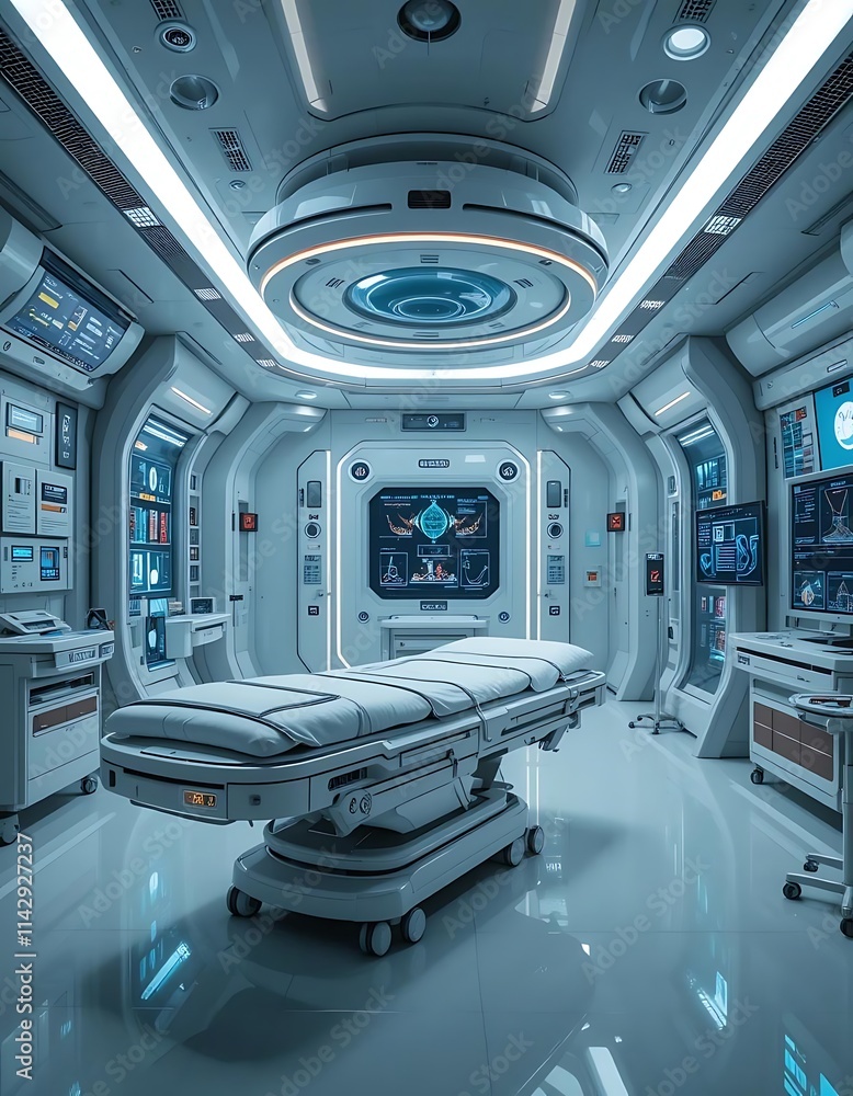 Fototapeta premium A futuristic hospital room with hovering medical pods and glowing diagnostic screens