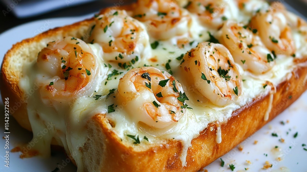 Delicious Shrimp Bread Melt Topped with Melted Cheese and Fresh Herbs, Perfect for a Flavorful Seafood Dish Any Time of Day