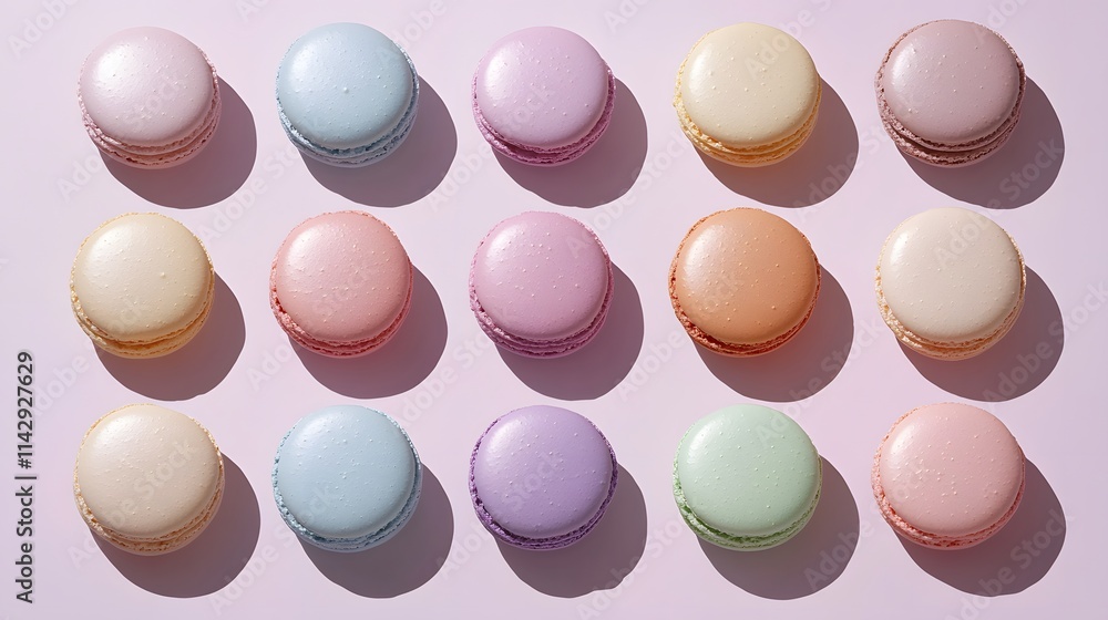 Fototapeta premium Colorful macaron with pastel tone placed evenly on light pink surface, accompanied by soft shadow for a visually appealing composition