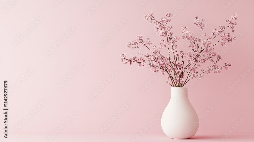 Elegant white vase with delicate pink flowers against a soft pink background creating a serene atmosphere in a modern interior Elegant white vase with delicate pink flowers against a soft pink background creating a serene atmosphere in a modern interior