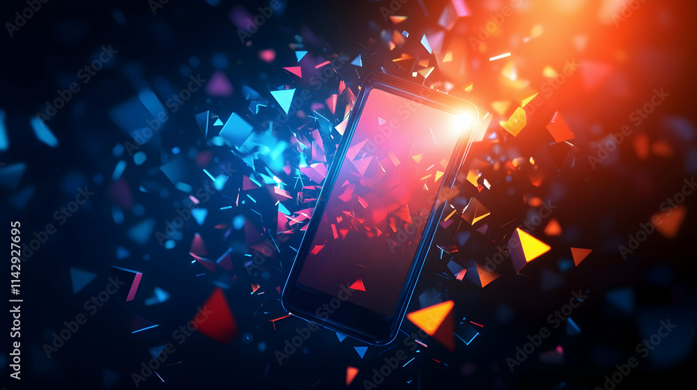 Abstract glowing smartphone silhouette formed by geometric particles and triangles on a dark backdrop - Abstract glowing smartphone silhouette formed by geometric particles and triangles on a dark backdrop -
