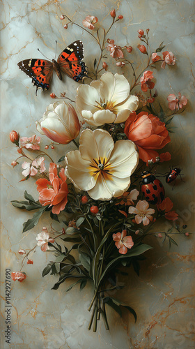 Old botanical painting of a bouquet of varied flowers featuring tulips, roses, and an opium poppy with butterflies and delicate blossoms photo