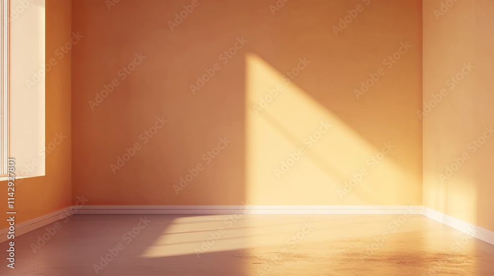 A warm light fills the empty room with orange walls, creating a serene atmosphere in the afternoon sunlight A warm light fills the empty room with orange walls, creating a serene atmosphere in the afternoon sunlight
