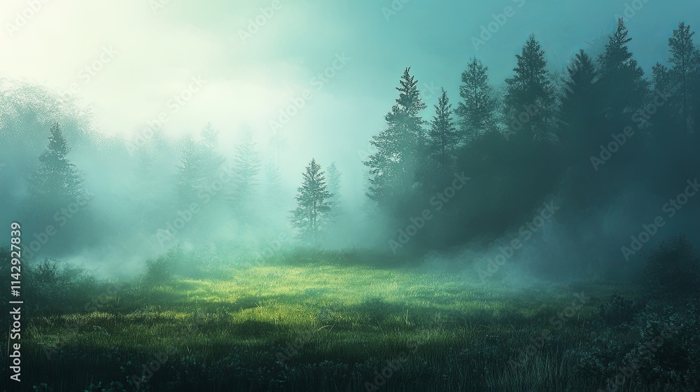 A serene clearing in a misty forest, surrounded by majestic trees, bathed in the soft, gentle light of early morning, lies near a peaceful, secluded area A serene clearing in a misty forest, surrounded by majestic trees, bathed in the soft, gentle light of early morning, lies near a peaceful, secluded area