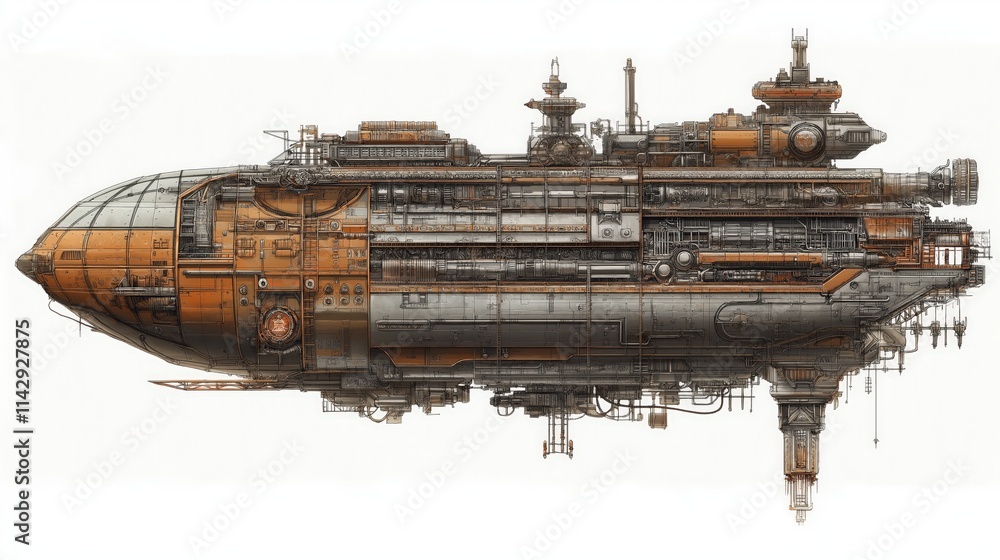Fototapeta premium Detailed vintage steampunk ship blueprint, featuring intricate mechanical designs. Artistic style