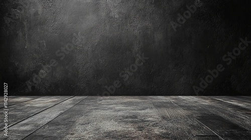 Dimly lit concrete floor with dark textured wall in an industrial space creating a dramatic background for various uses