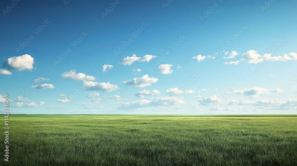 Obraz premium An expansive green landscape stretches endlessly beneath a radiant blue sky dotted with soft, fluffy clouds on a peaceful, serene day