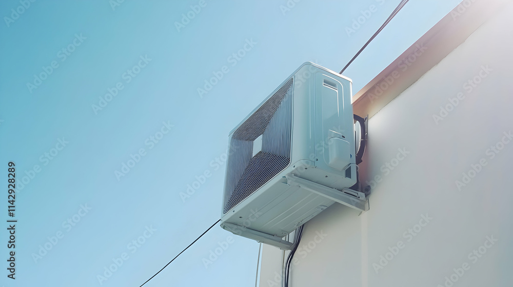 Air source heat pump installed on a residential building under clear skies - Air source heat pump installed on a residential building under clear skies -